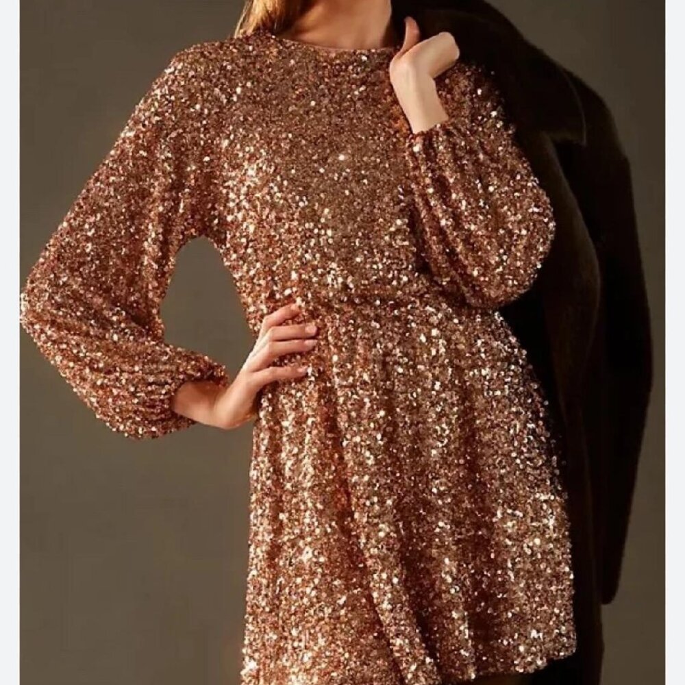 Anthropologie Gold Sequin Mini Dress
